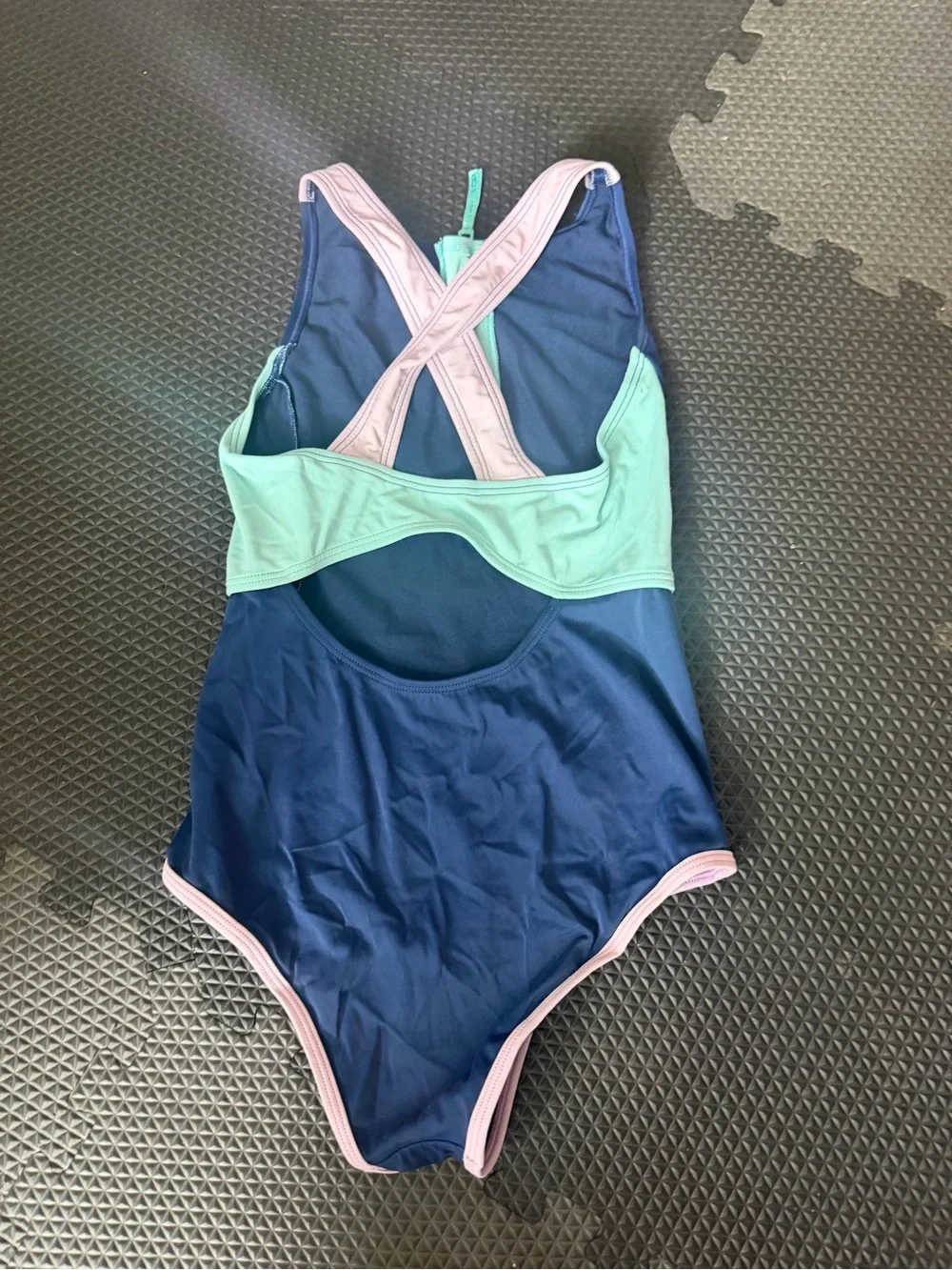 Athleta Girl Navy One-Piece Swimsuit with Mint Panels and Pink Trim